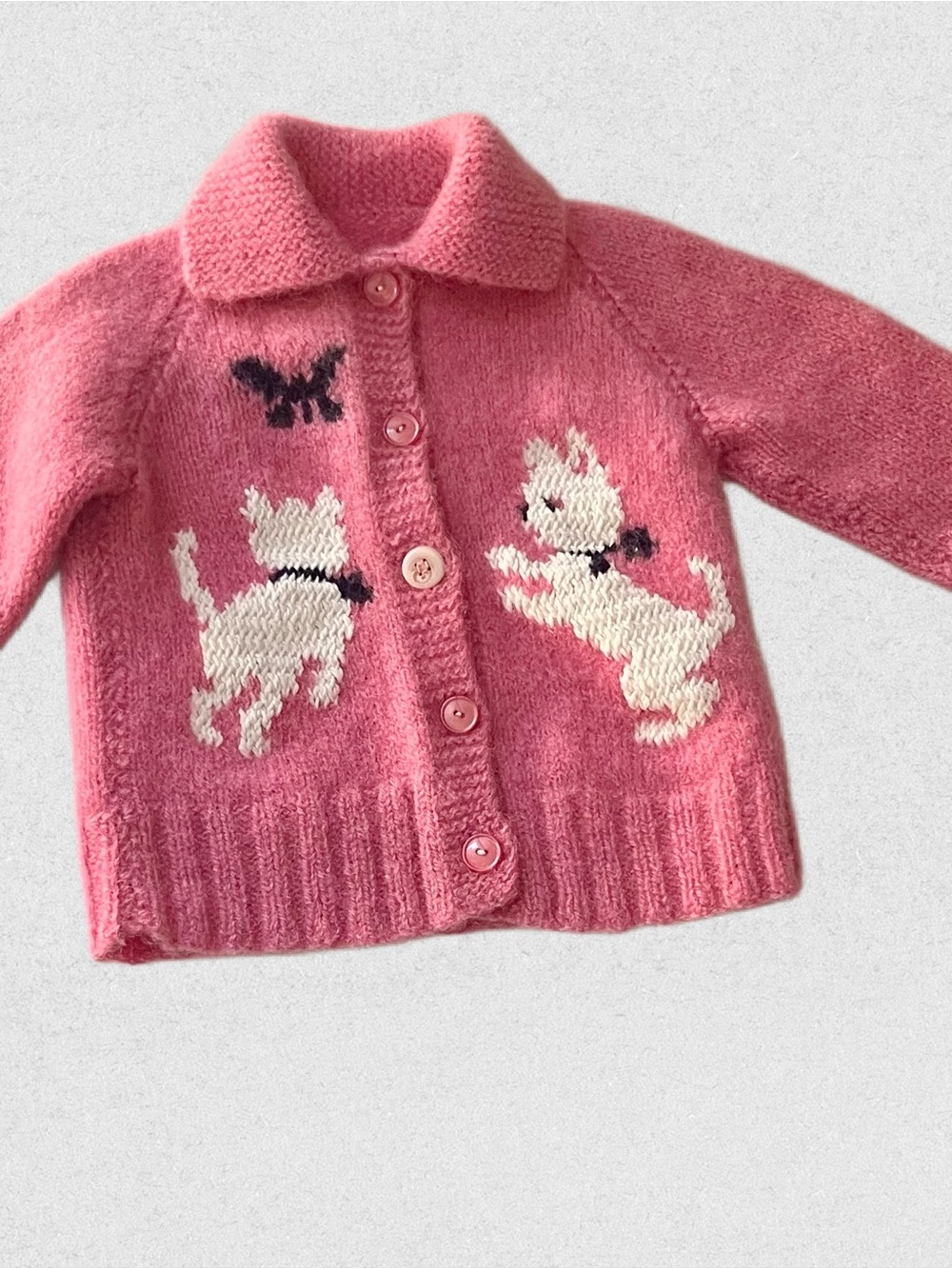 Vintage Hand Knit Kids Pink Wool Cardigan with Kitties